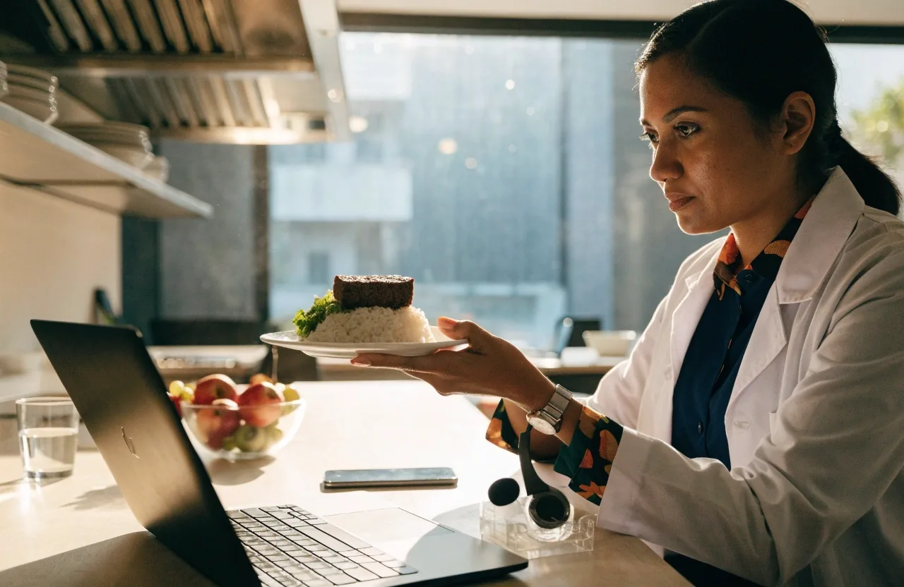 A dietitian speaking during an online consultation at a desk with a notebook and a bowl of fruit