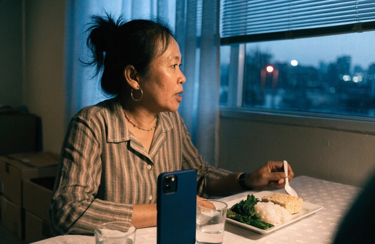 A woman talking through an online nutrition consultation at her dining table with a home-cooked plate beside the phone