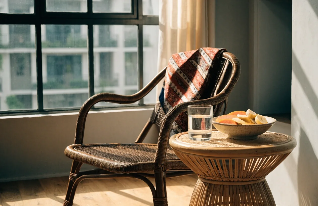 A quiet corner table in a Jakarta apartment, cup and cloth beside a face-down phone in window light