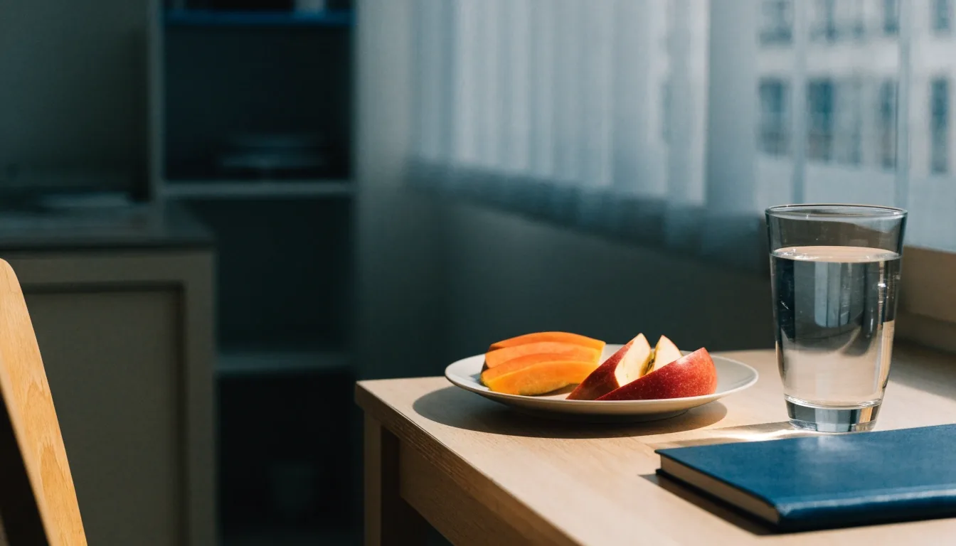 A quiet consultation desk with a notebook, water glass and a plate of sliced fruit in soft daylight