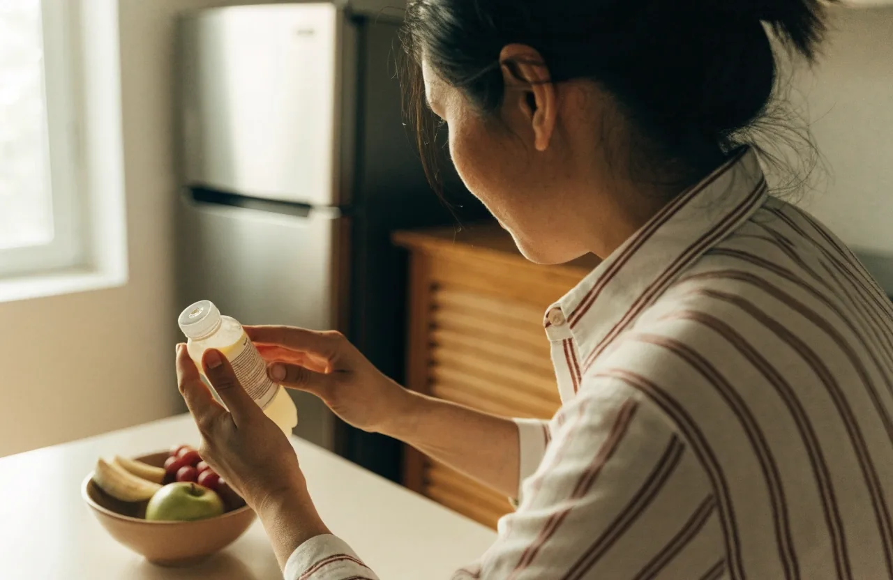 Person in a bright kitchen turning a small packaged drink bottle to look at the panel on the back