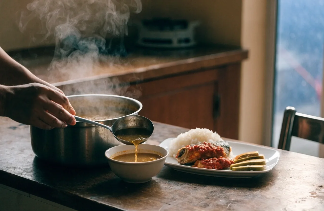 Plate of rice with sayur asem, a whole grilled fish, and sliced papaya on a worn wooden table