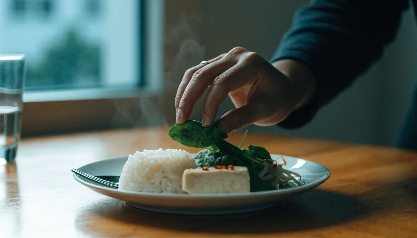 A home cook lifting a plate of rice, tempeh and greens from a warm evening kitchen counter