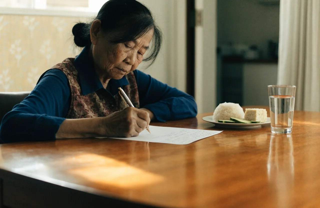 Two hands filling in a nutrition questionnaire at a window-lit household table