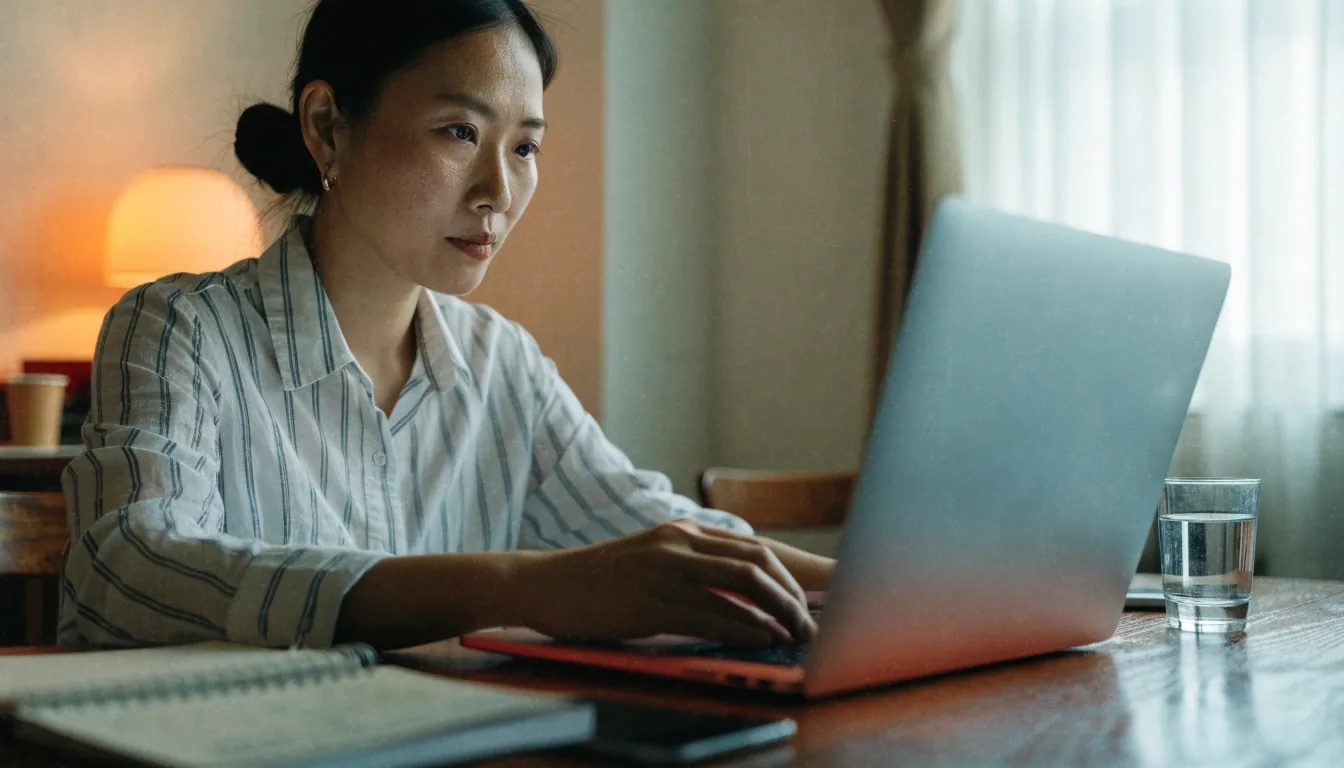 A dietitian seated at a desk in daylight during an online consultation, notebook and water glass on the table