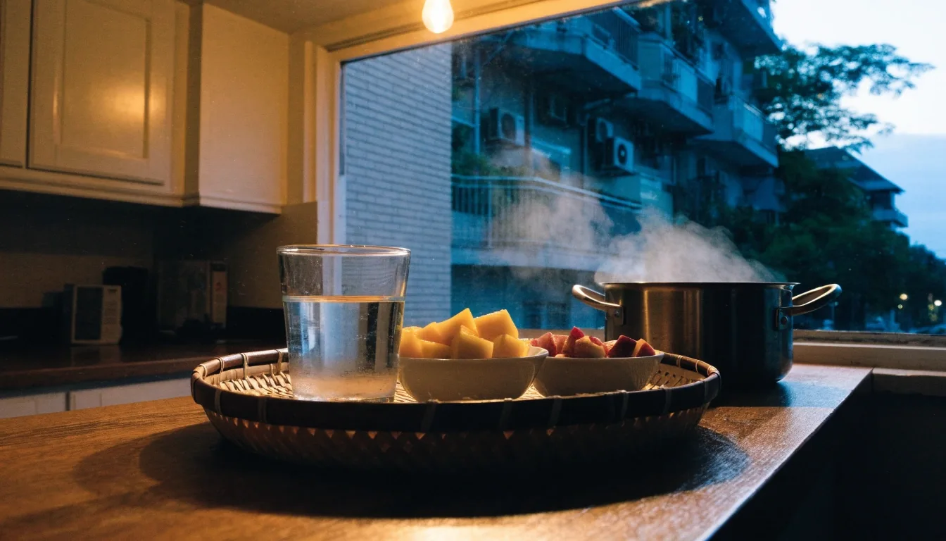 A glass of water and a bowl of sliced fruit on an evening kitchen counter