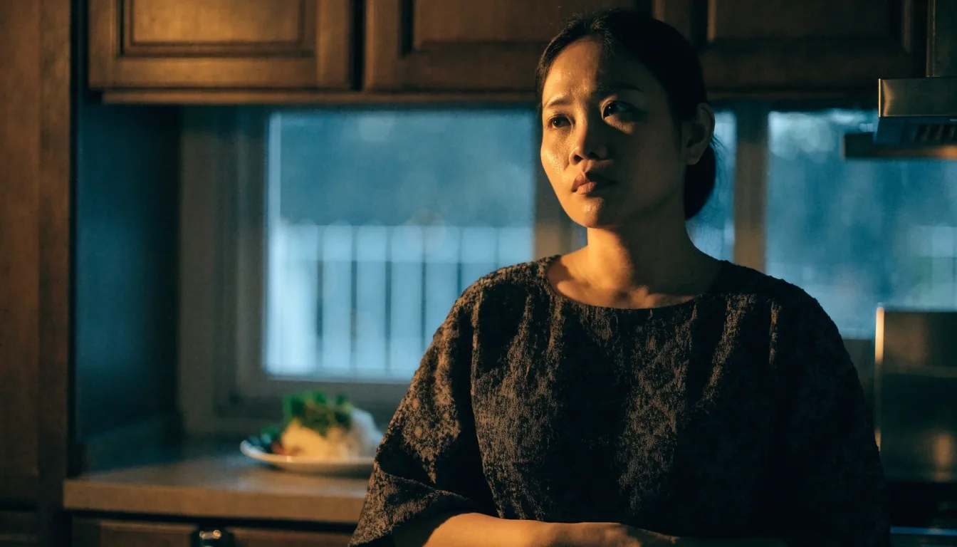 A woman standing in her kitchen in the evening, a plate of rice and vegetables out of focus behind her