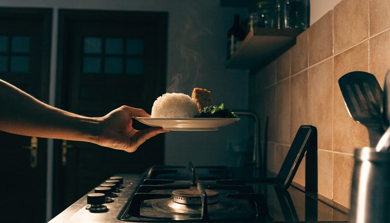 A hand lifting a plate of rice, tempeh and greens from a lit Jakarta kitchen counter at evening