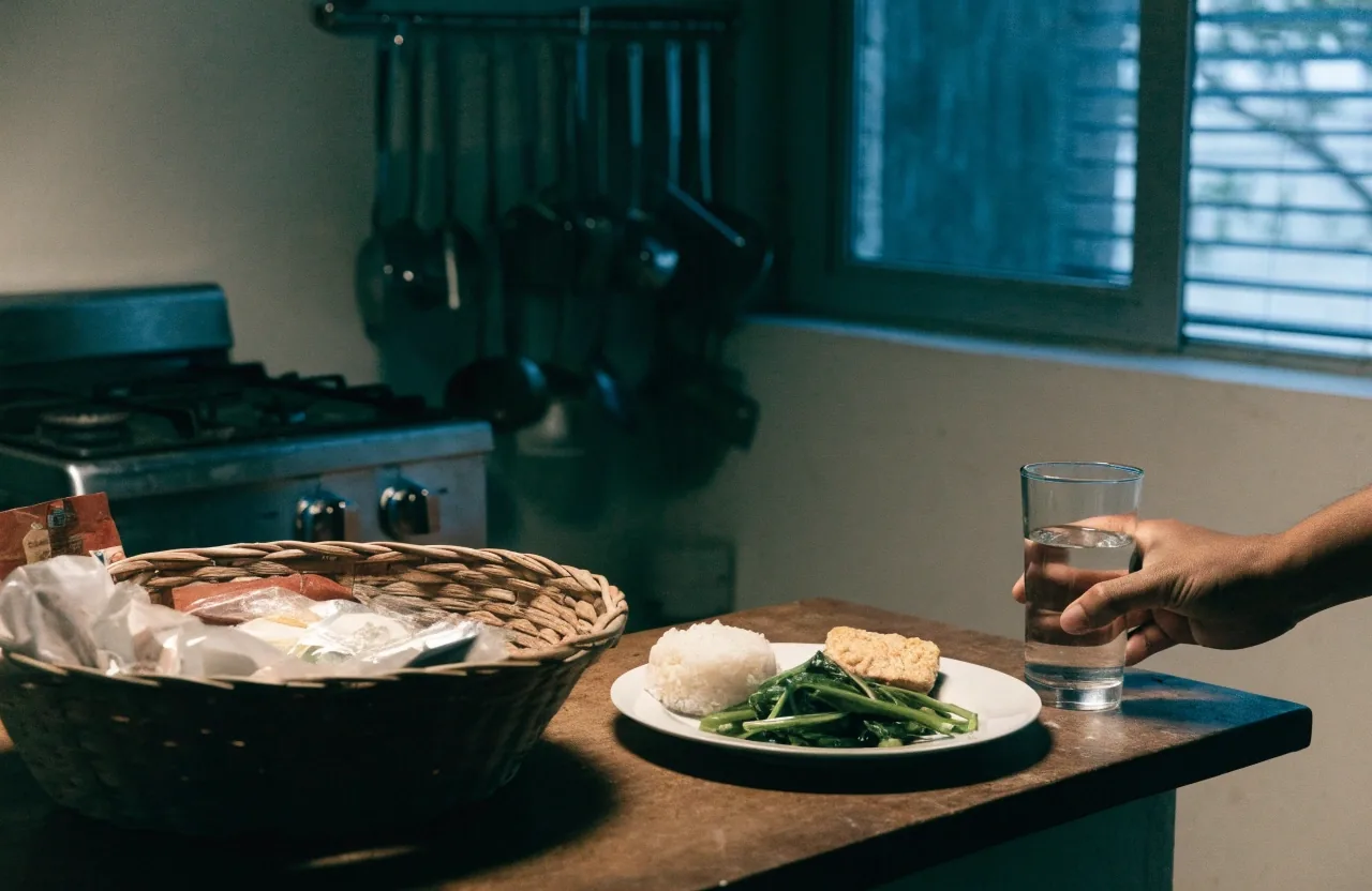 A person eating a simple home-cooked dinner alone at a window table in the evening