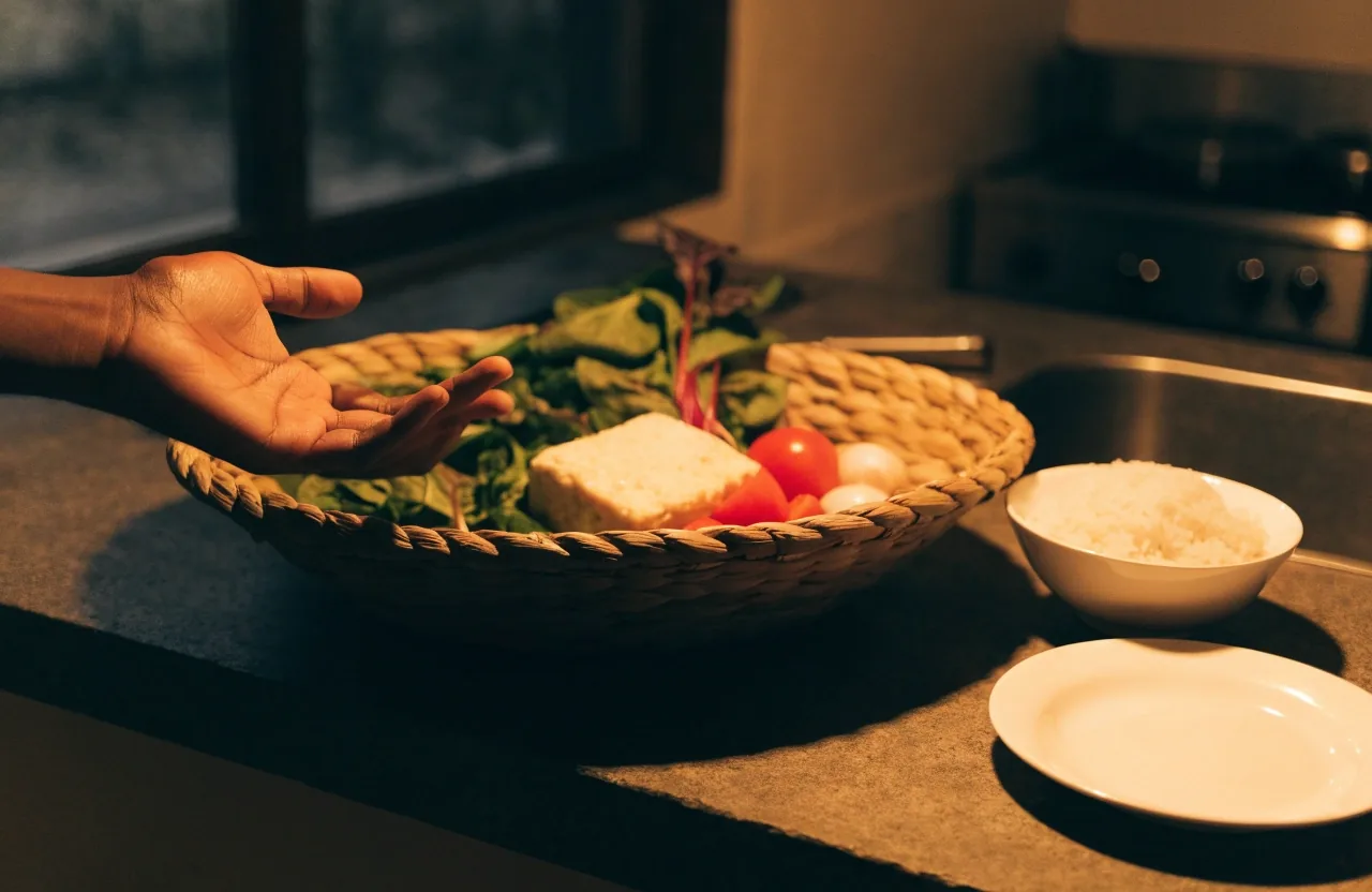 Hands portioning rice, tempeh and stir-fried greens across a plate on a terrazzo kitchen counter at dusk