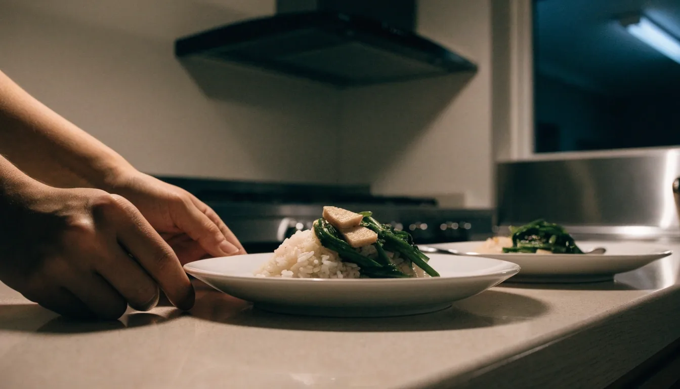 Two simple home-cooked plates on a kitchen counter under evening light